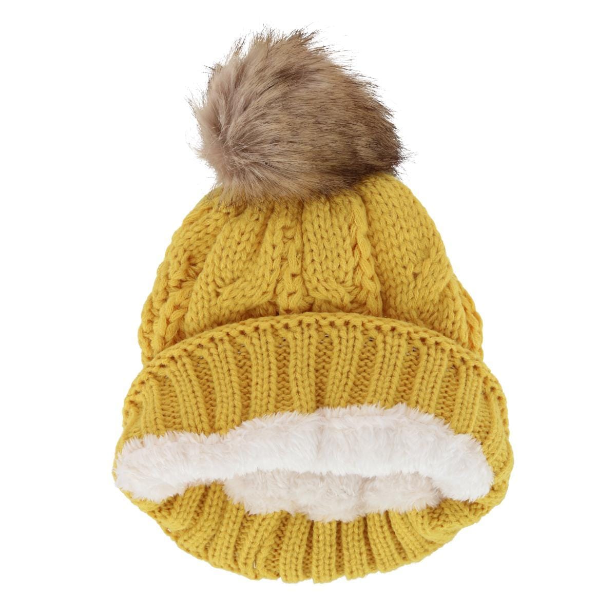 CTM® Women's Cable Knit Lined Winter Beanie with Synthetic Fur Pom - Mustard Yellow