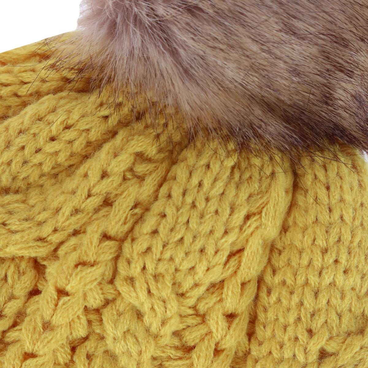 CTM® Women's Cable Knit Lined Winter Beanie with Synthetic Fur Pom - Mustard Yellow