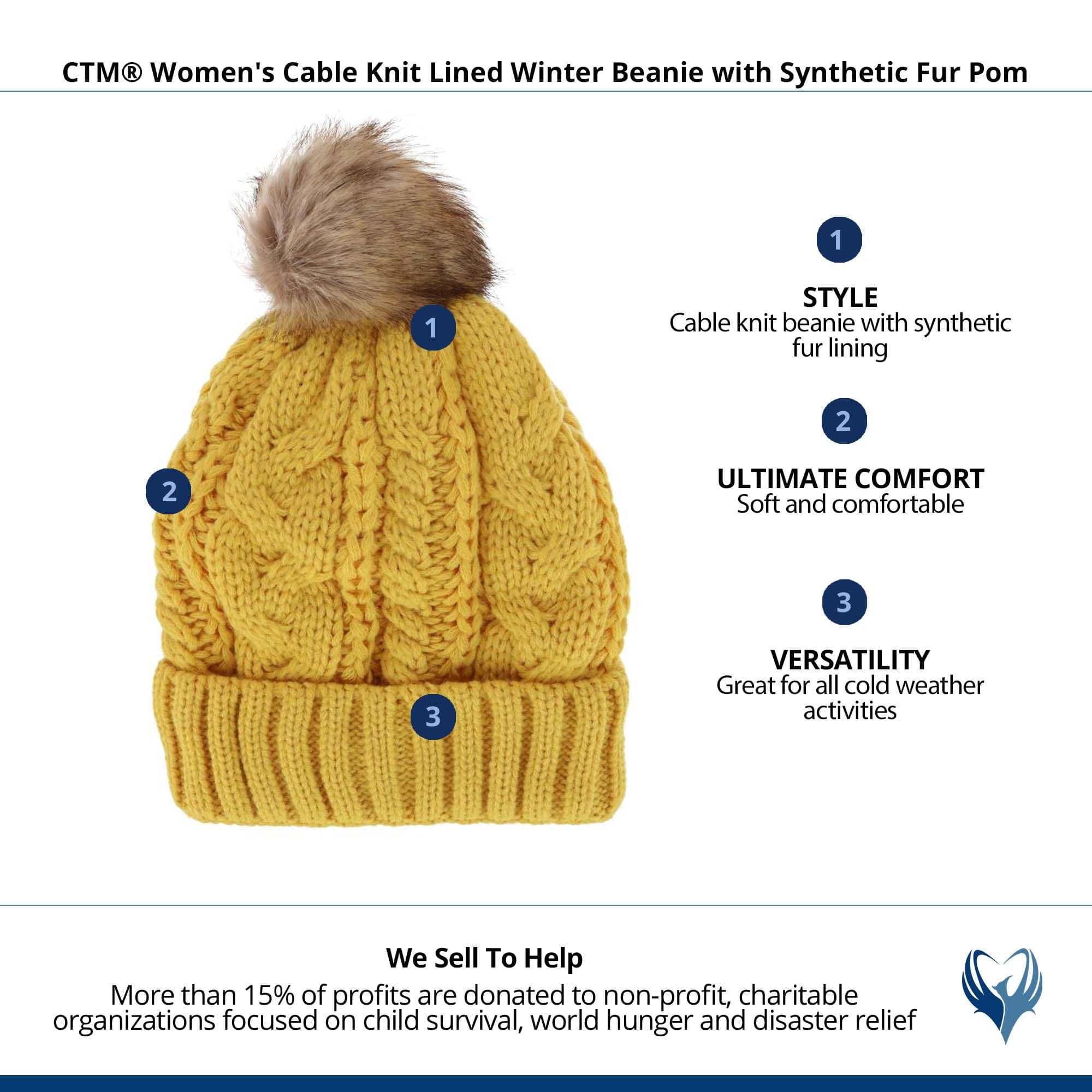 CTM® Women's Cable Knit Lined Winter Beanie with Synthetic Fur Pom - Mustard Yellow