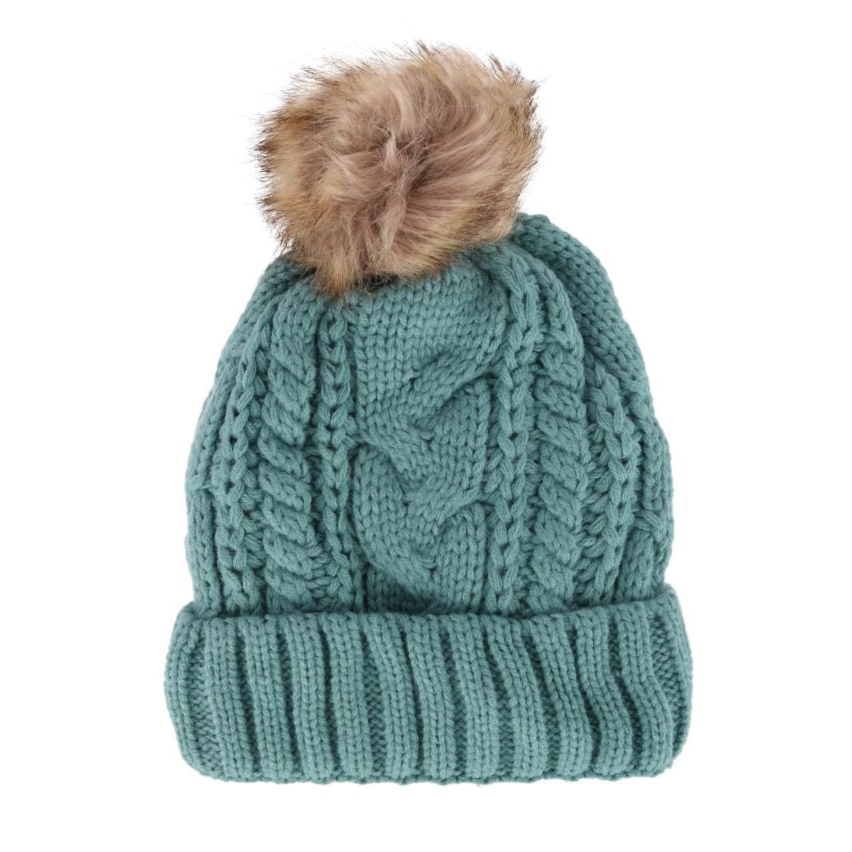 CTM® Women's Cable Knit Lined Winter Beanie with Synthetic Fur Pom - Women's Cable Knit Lined Winter Beanie with Synthetic Fur Pom