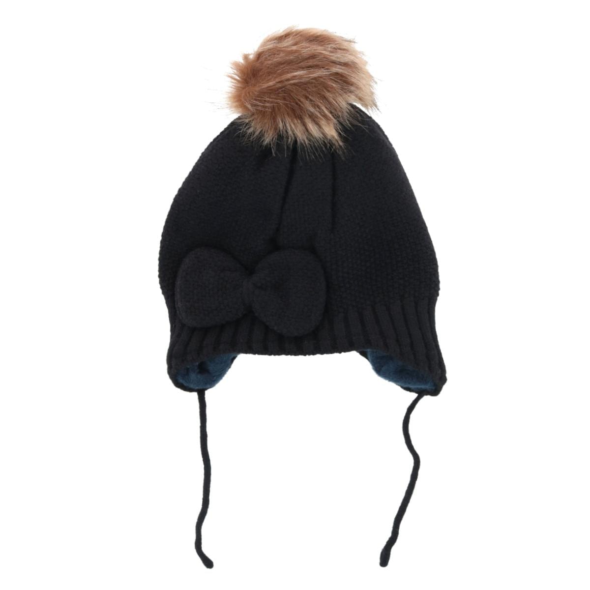 CTM® Girl's One Size Fits Most Knit Winter Beanie with Pom Bow and Ear Flaps - Black
