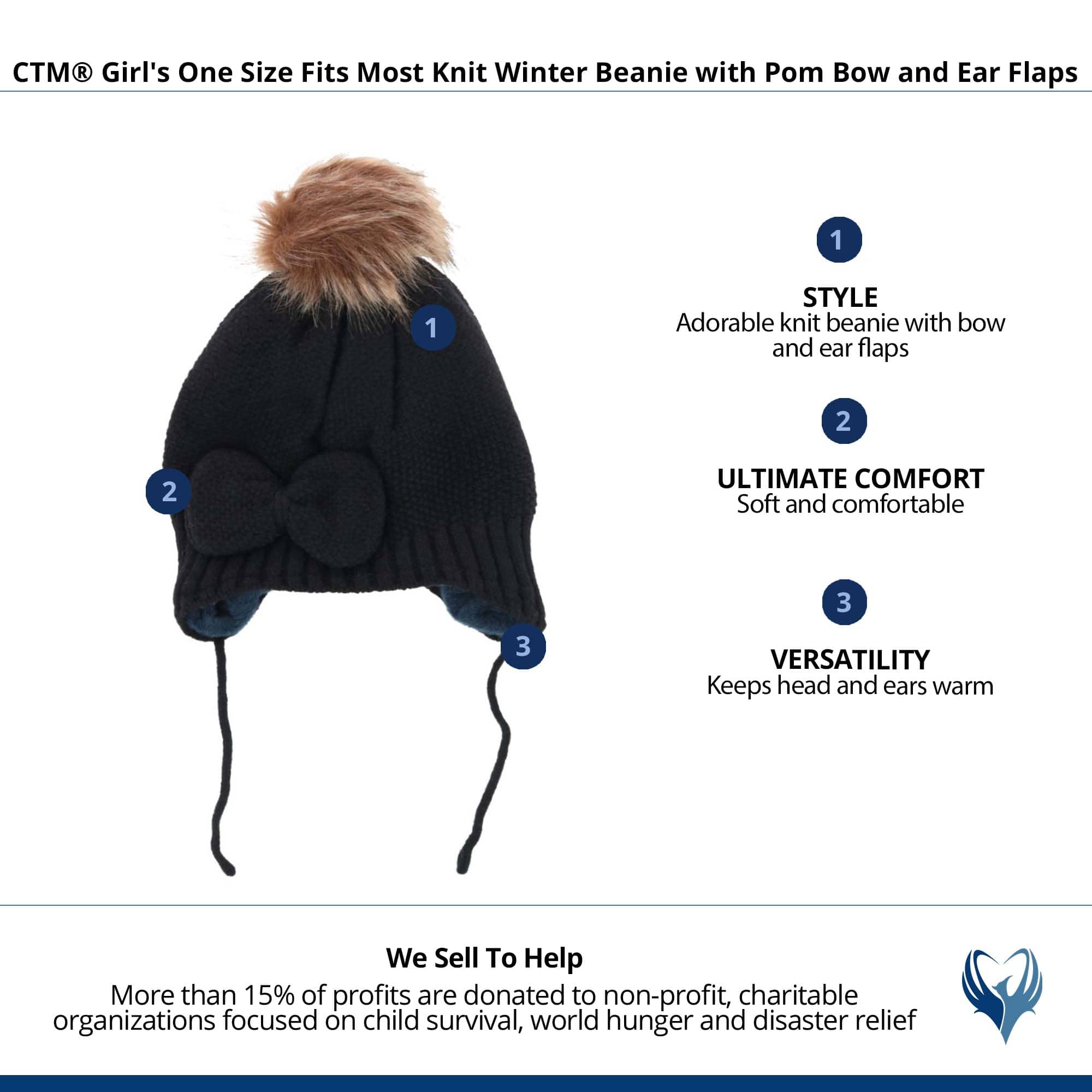 CTM® Girl's One Size Fits Most Knit Winter Beanie with Pom Bow and Ear Flaps - Black
