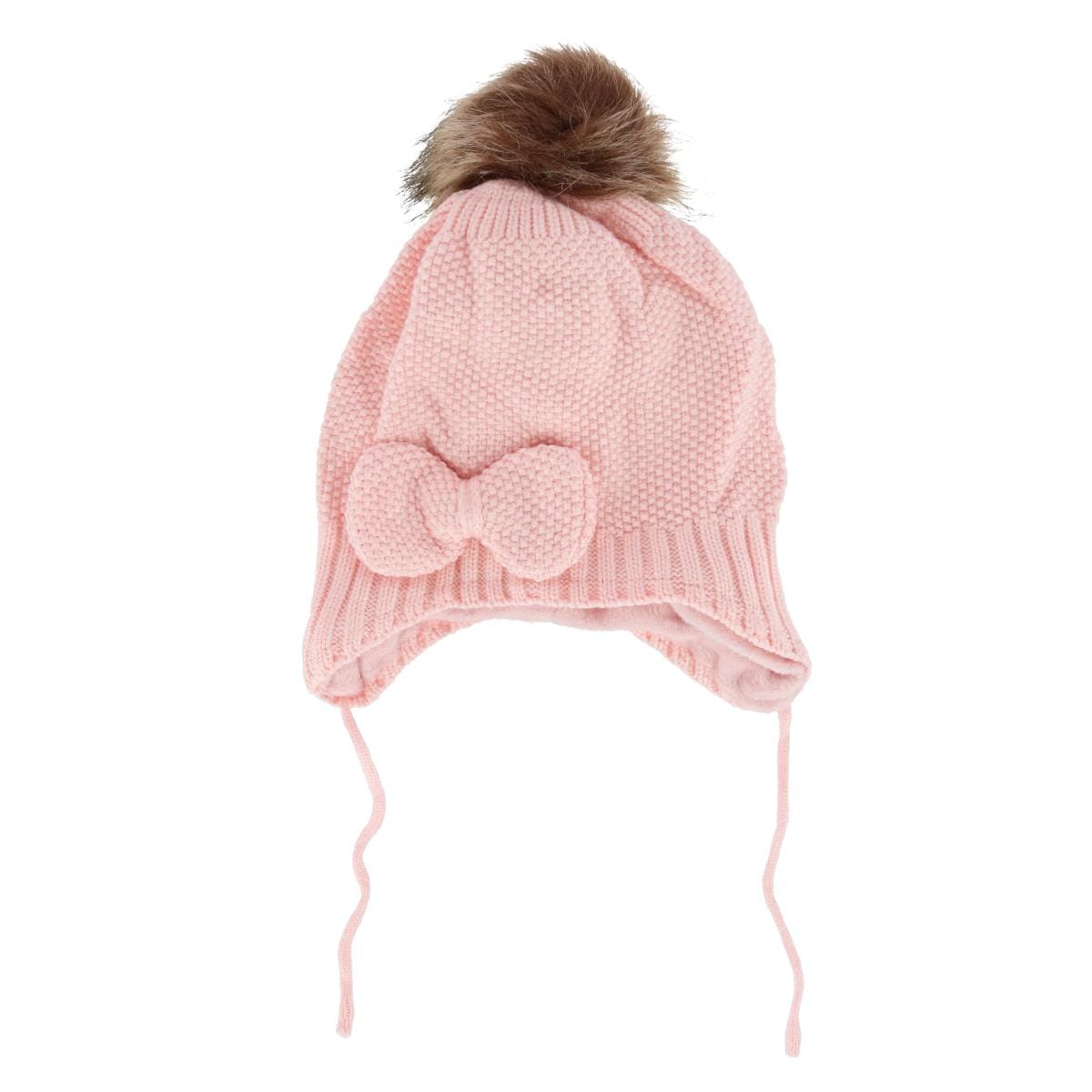 CTM® Girl's One Size Fits Most Knit Winter Beanie with Pom Bow and Ear Flaps - Pink