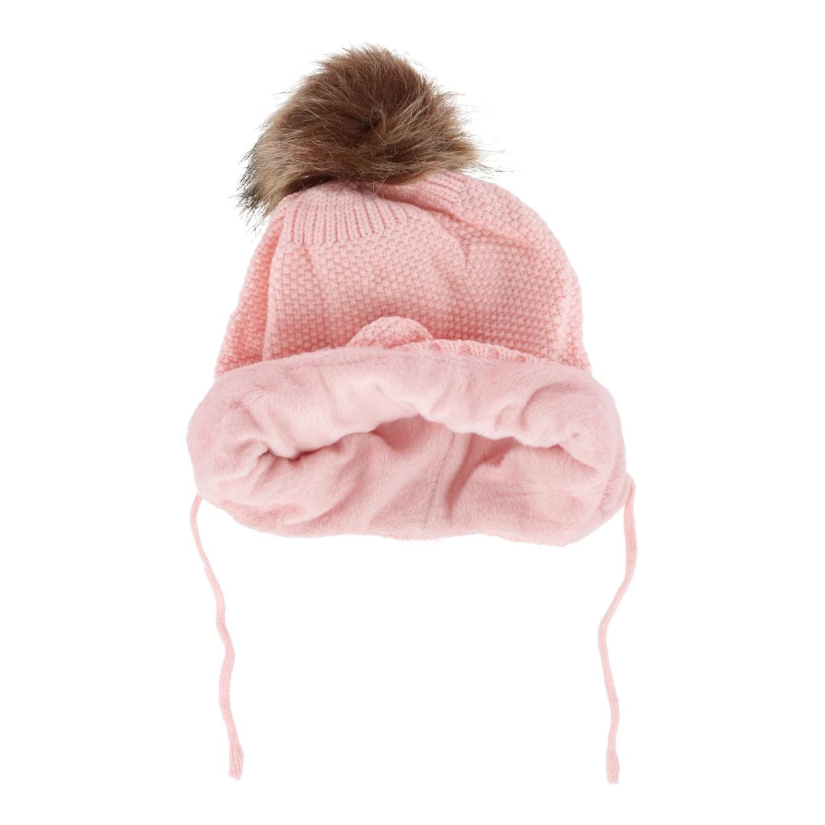 CTM® Girl's One Size Fits Most Knit Winter Beanie with Pom Bow and Ear Flaps - Pink