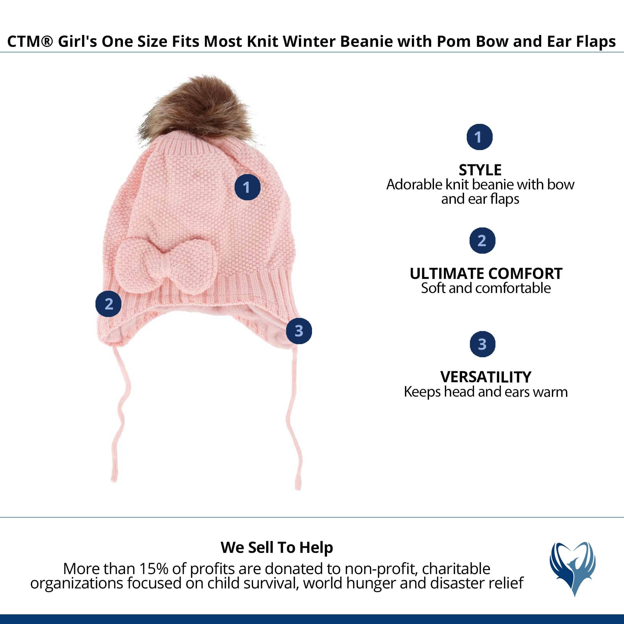 CTM® Girl's One Size Fits Most Knit Winter Beanie with Pom Bow and Ear Flaps - Pink