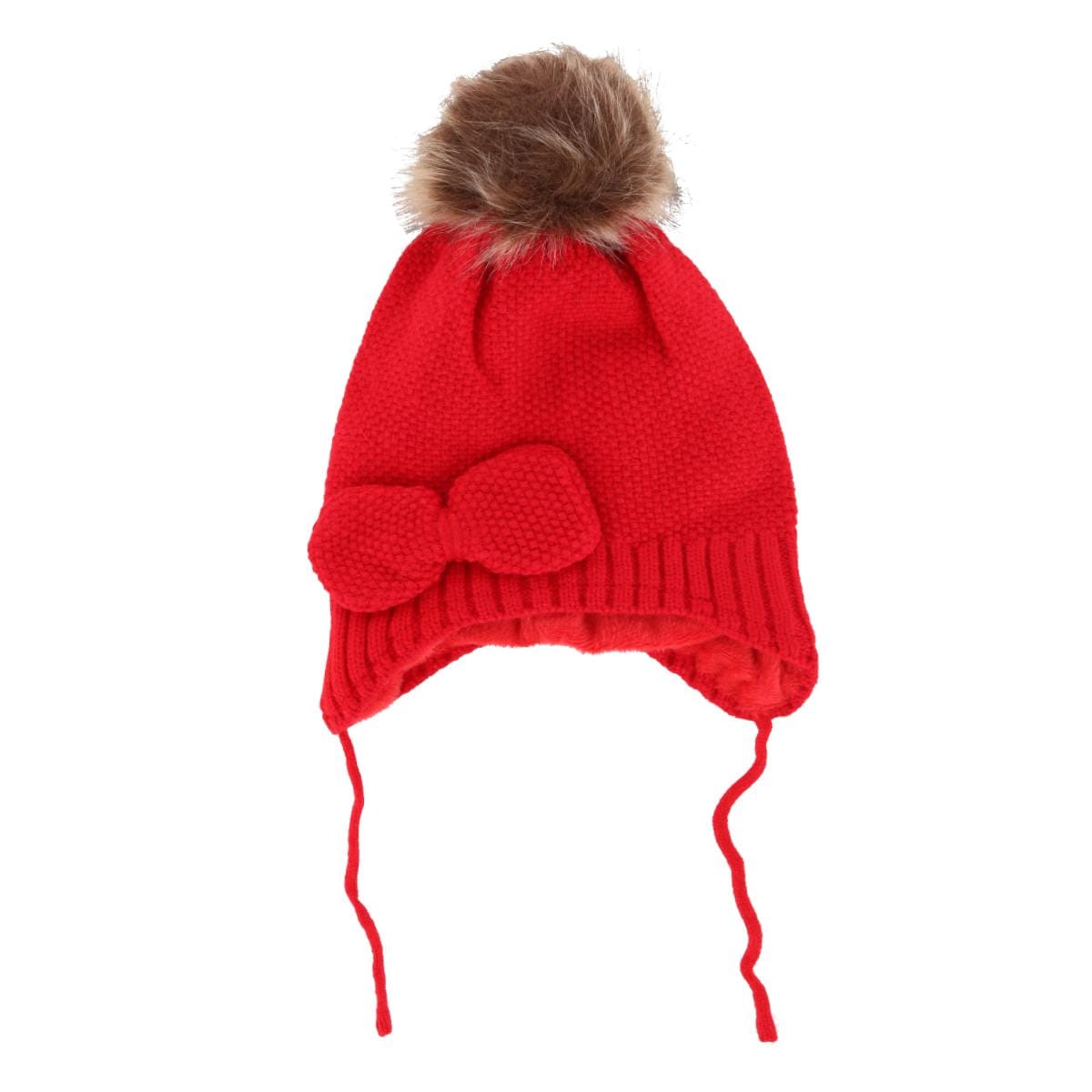 CTM® Girl's One Size Fits Most Knit Winter Beanie with Pom Bow and Ear Flaps - Red