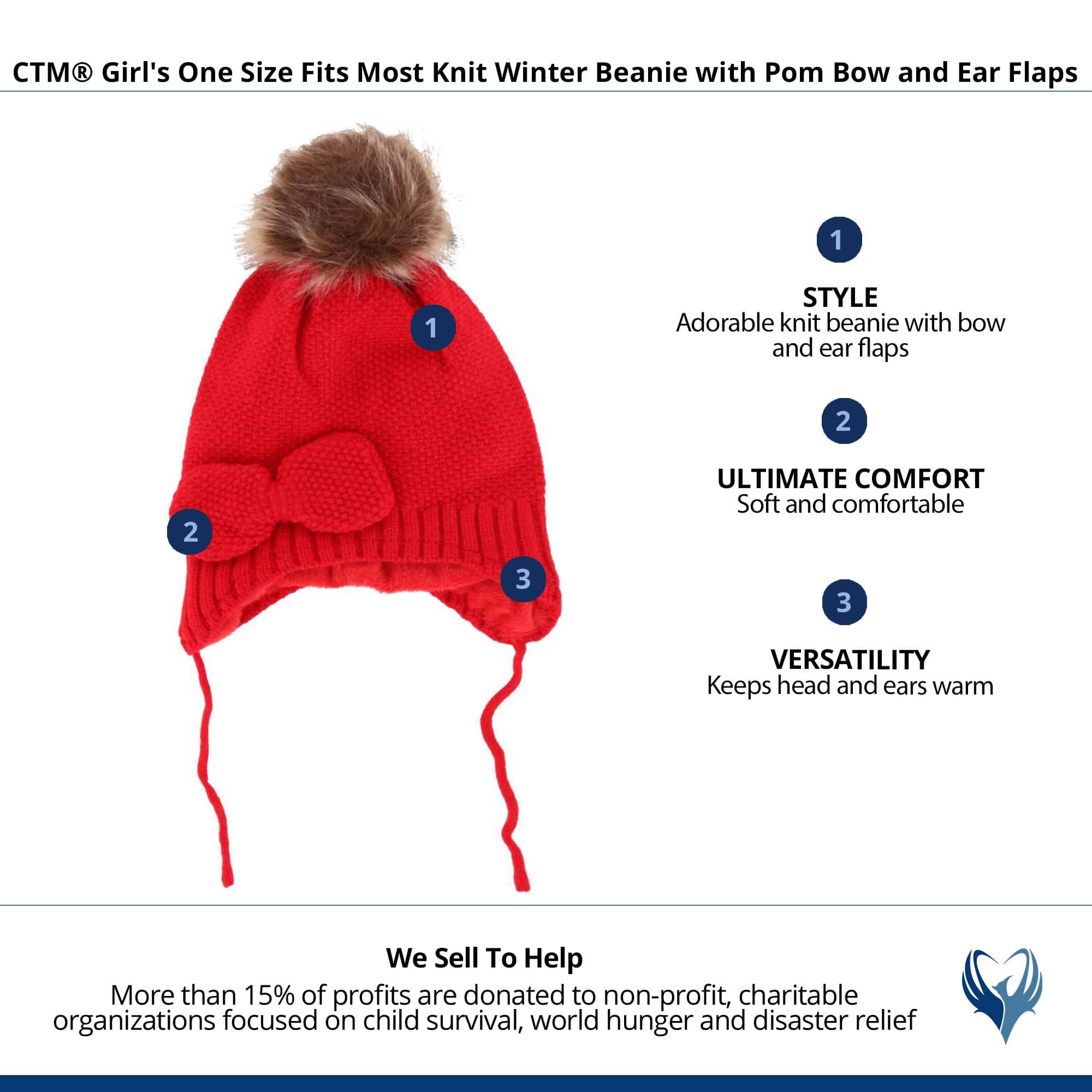 CTM® Girl's One Size Fits Most Knit Winter Beanie with Pom Bow and Ear Flaps - Red
