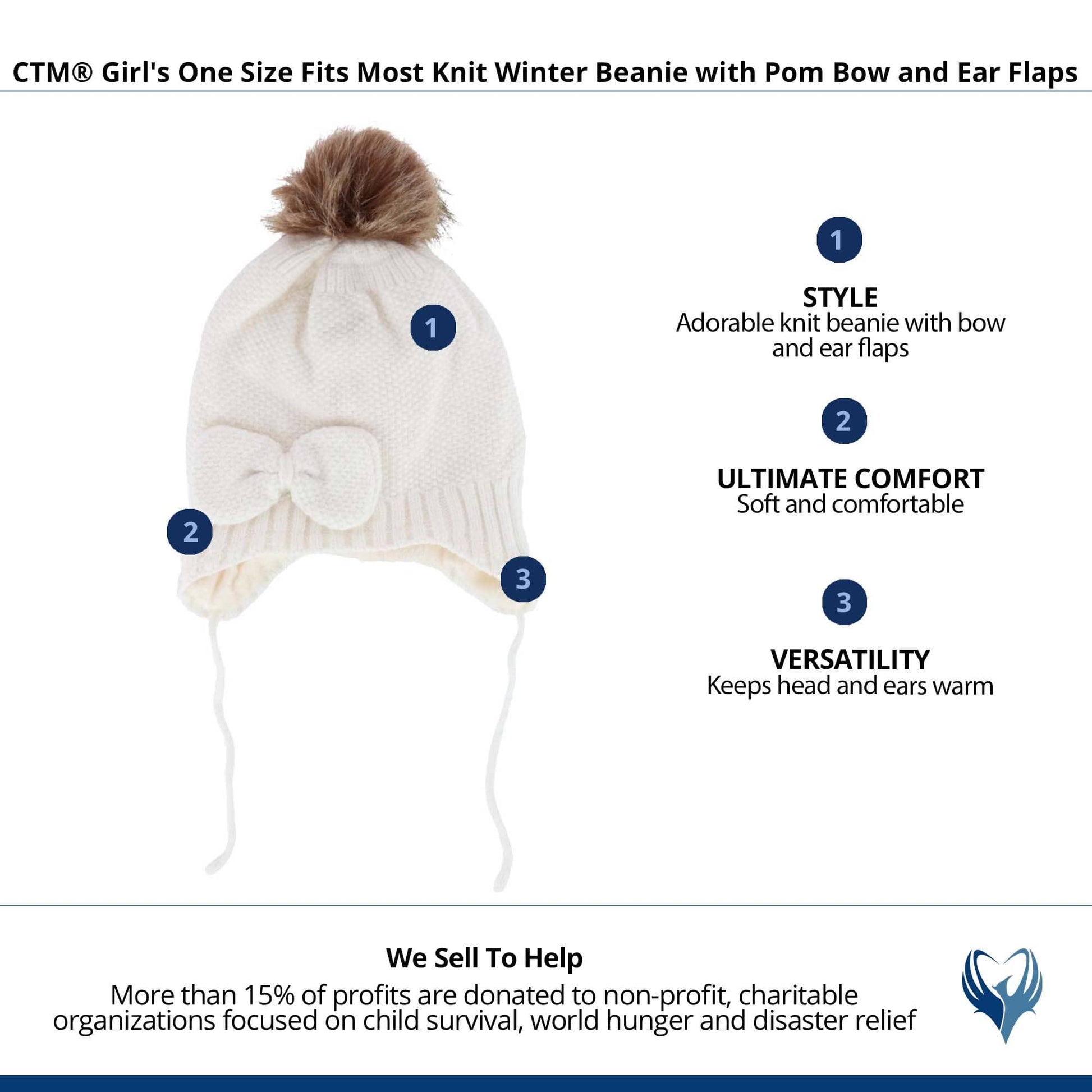 CTM® Girl's One Size Fits Most Knit Winter Beanie with Pom Bow and Ear Flaps - White