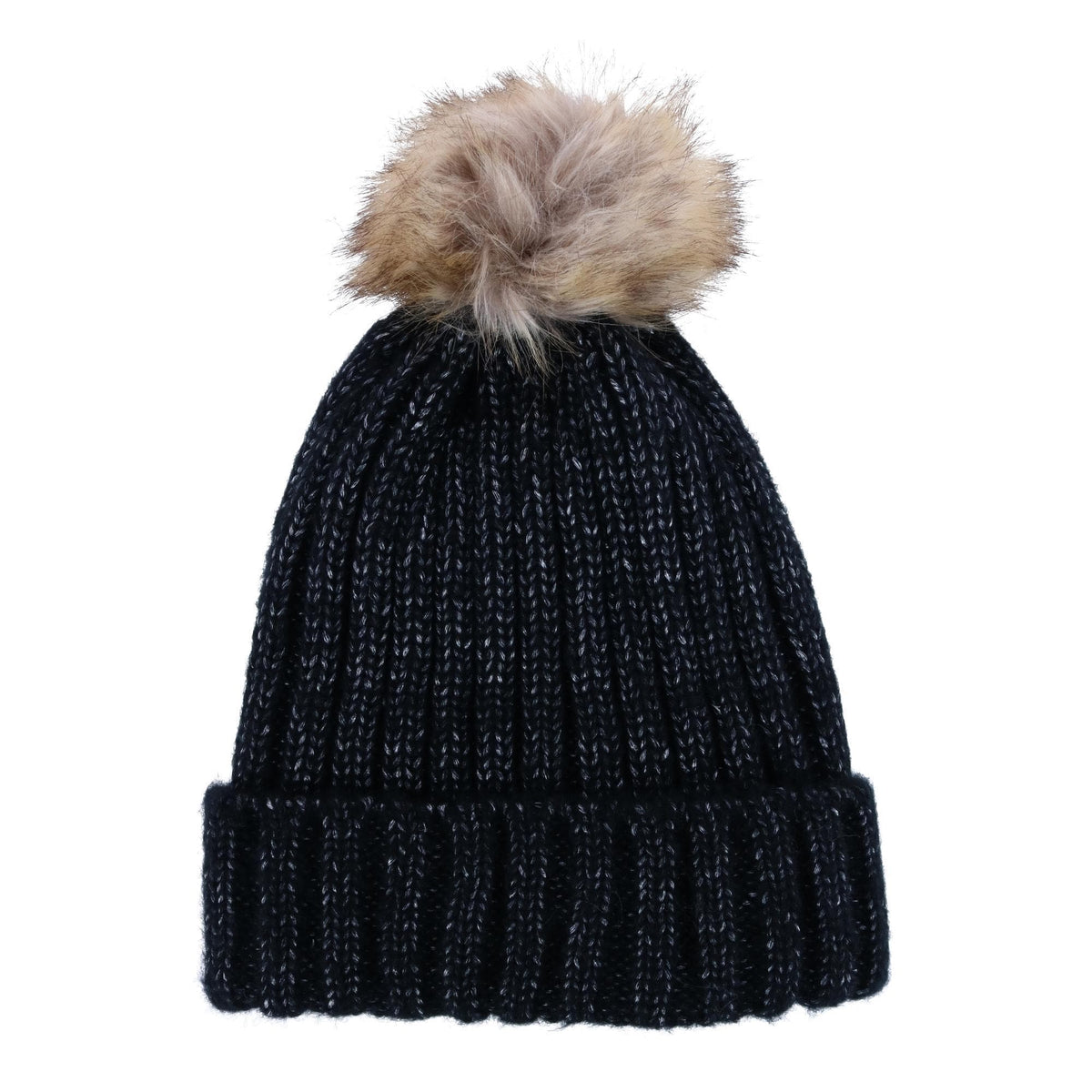 CTM® Women's Metallic Shimmer Winter Knit Lined Beanie with Pom - Black