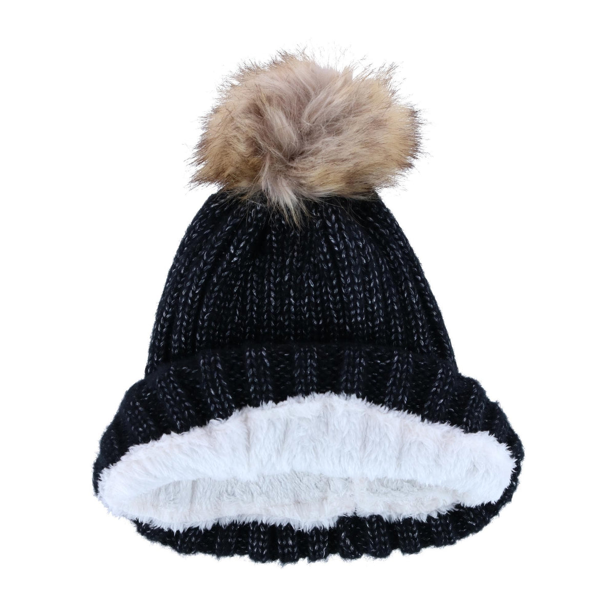 CTM® Women's Metallic Shimmer Winter Knit Lined Beanie with Pom - Black
