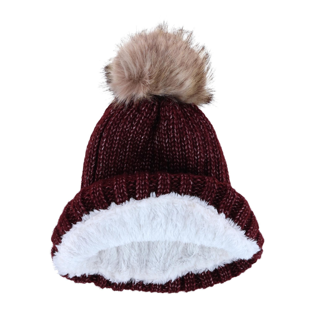 CTM® Women's Metallic Shimmer Winter Knit Lined Beanie with Pom - Wine