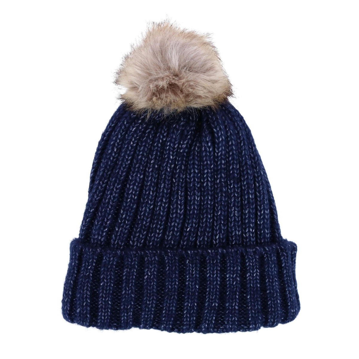 CTM® Women's Metallic Shimmer Winter Knit Lined Beanie with Pom - Navy