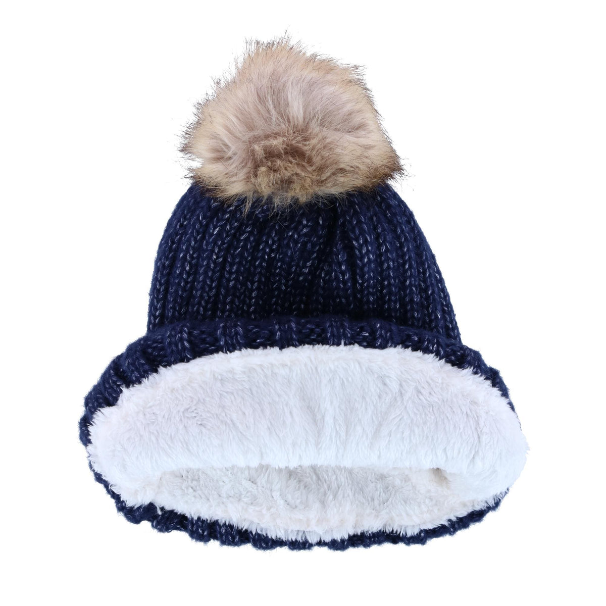 CTM® Women's Metallic Shimmer Winter Knit Lined Beanie with Pom - Navy