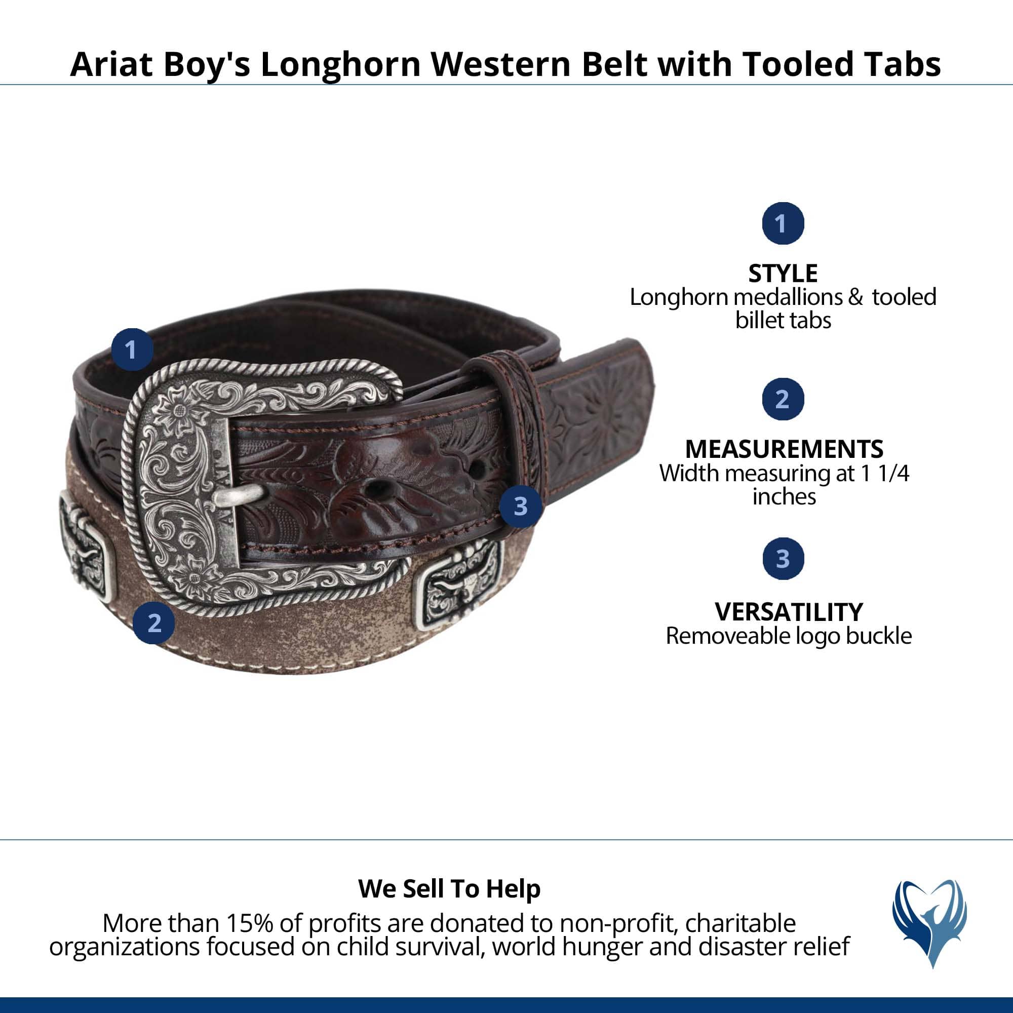 Ariat Boy's Longhorn Western Belt with Tooled Tabs - Brown