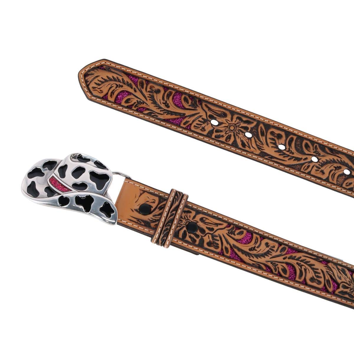 Angel Ranch Girl's Tooled Leather Western Belt with Cowgirl Hat Buckle - Pink