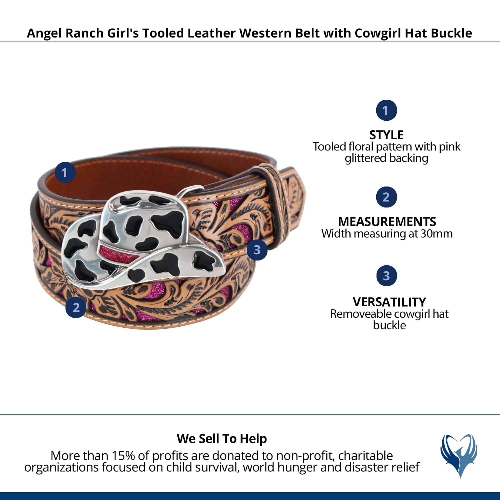Angel Ranch Girl's Tooled Leather Western Belt with Cowgirl Hat Buckle - Pink