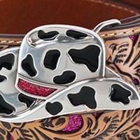 Angel Ranch Girl's Tooled Leather Western Belt with Cowgirl Hat Buckle - Pink