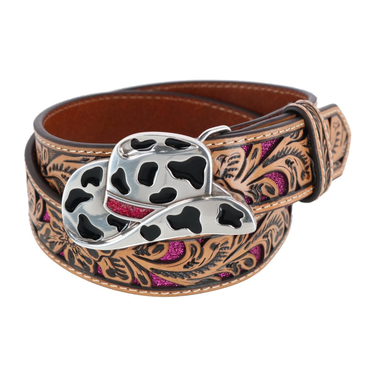 Angel Ranch Girl's Tooled Leather Western Belt with Cowgirl Hat Buckle - Girl's Tooled Leather Western Belt with Cowgirl Hat Buckle