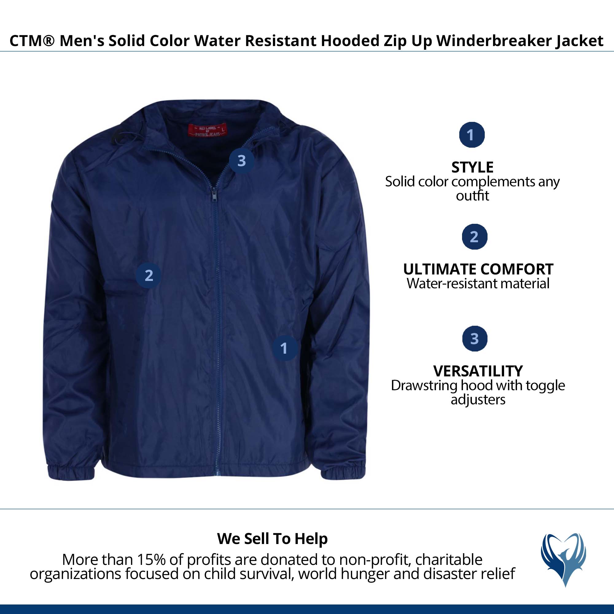 CTM® Men's Solid Color Water Resistant Hooded Zip Up Winderbreaker Jacket - Navy