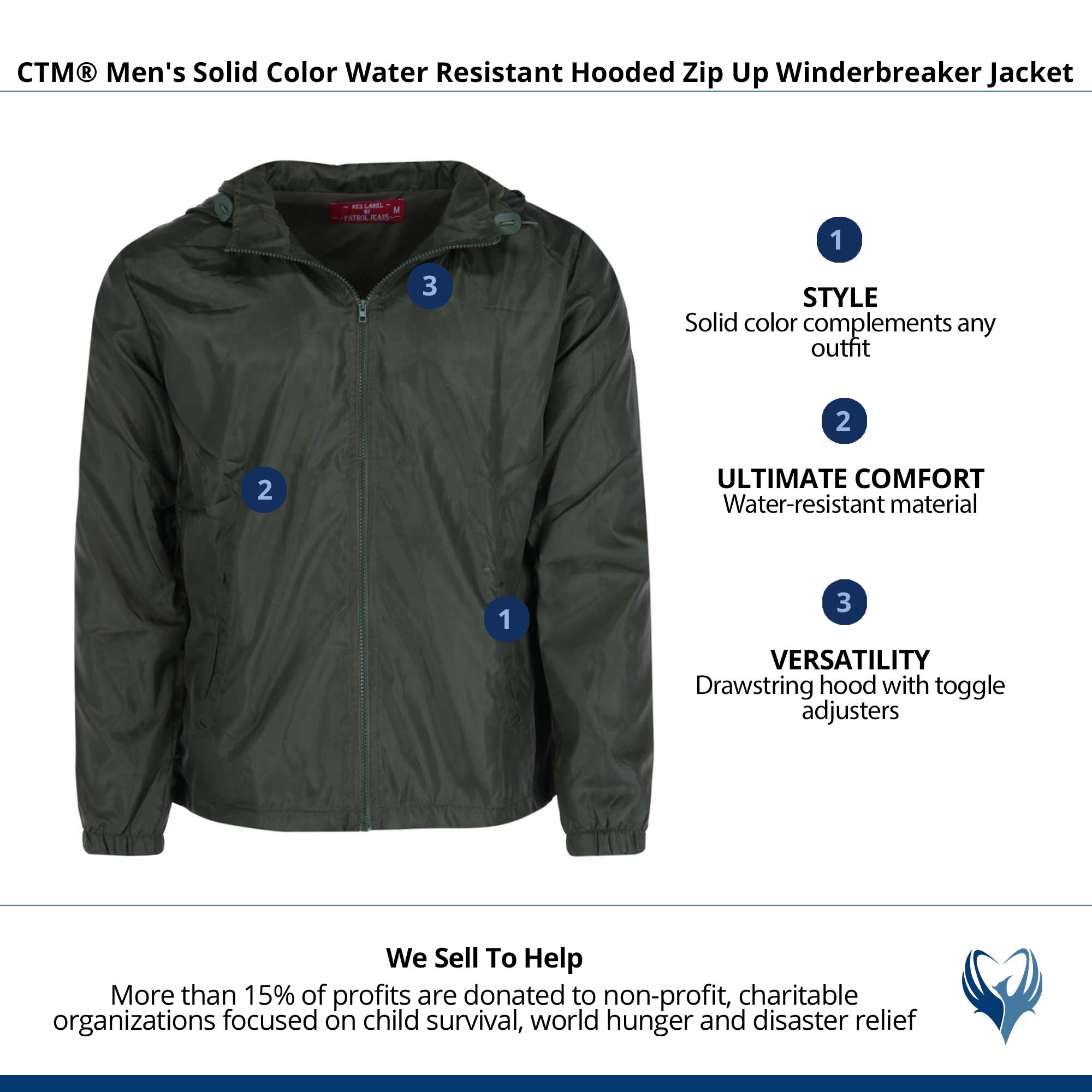 CTM® Men's Solid Color Water Resistant Hooded Zip Up Winderbreaker Jacket - Olive