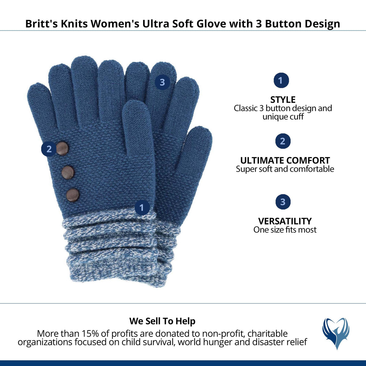 Britt's Knits Women's Ultra Soft Glove with 3 Button Design - Blue
