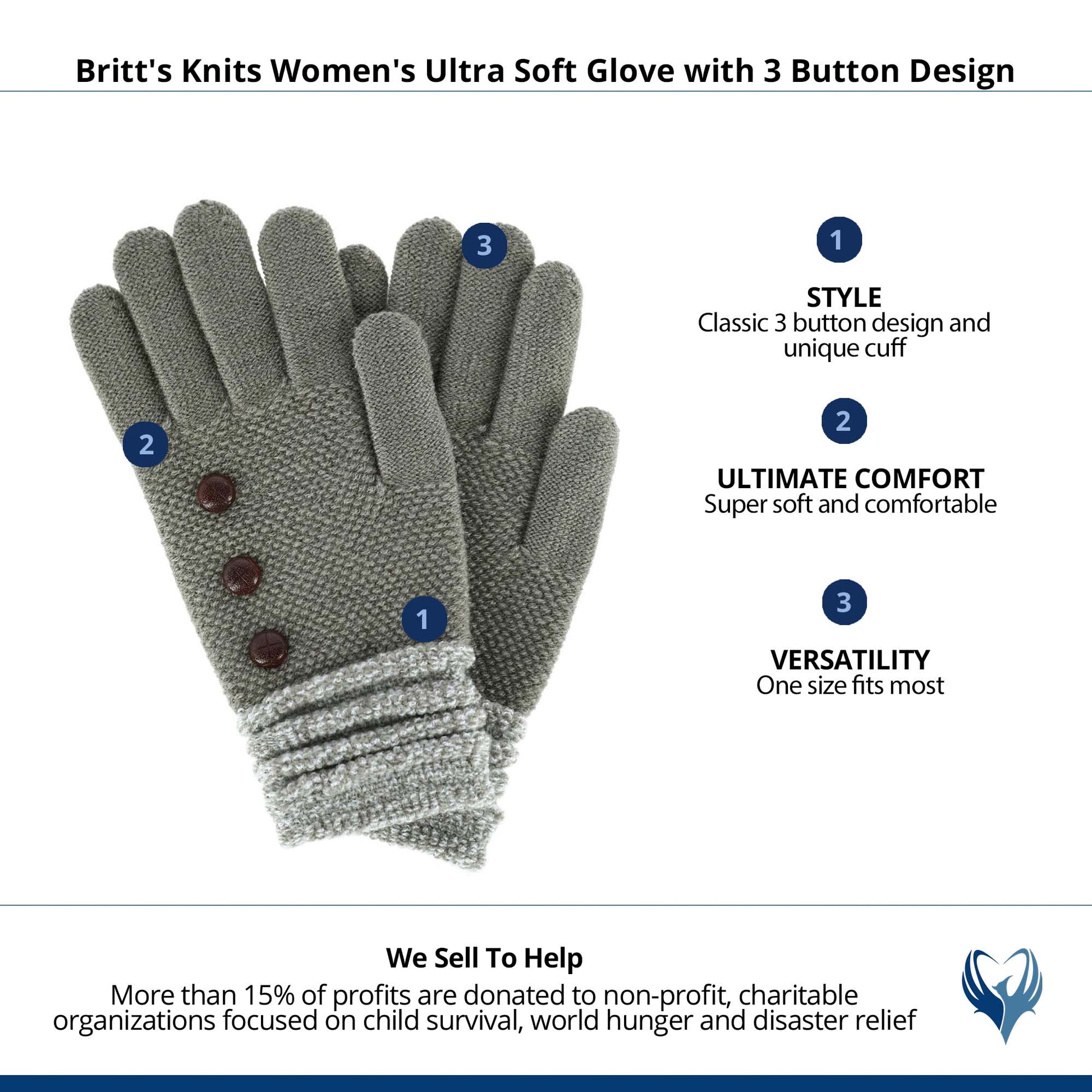 Britt's Knits Women's Ultra Soft Glove with 3 Button Design - Grey