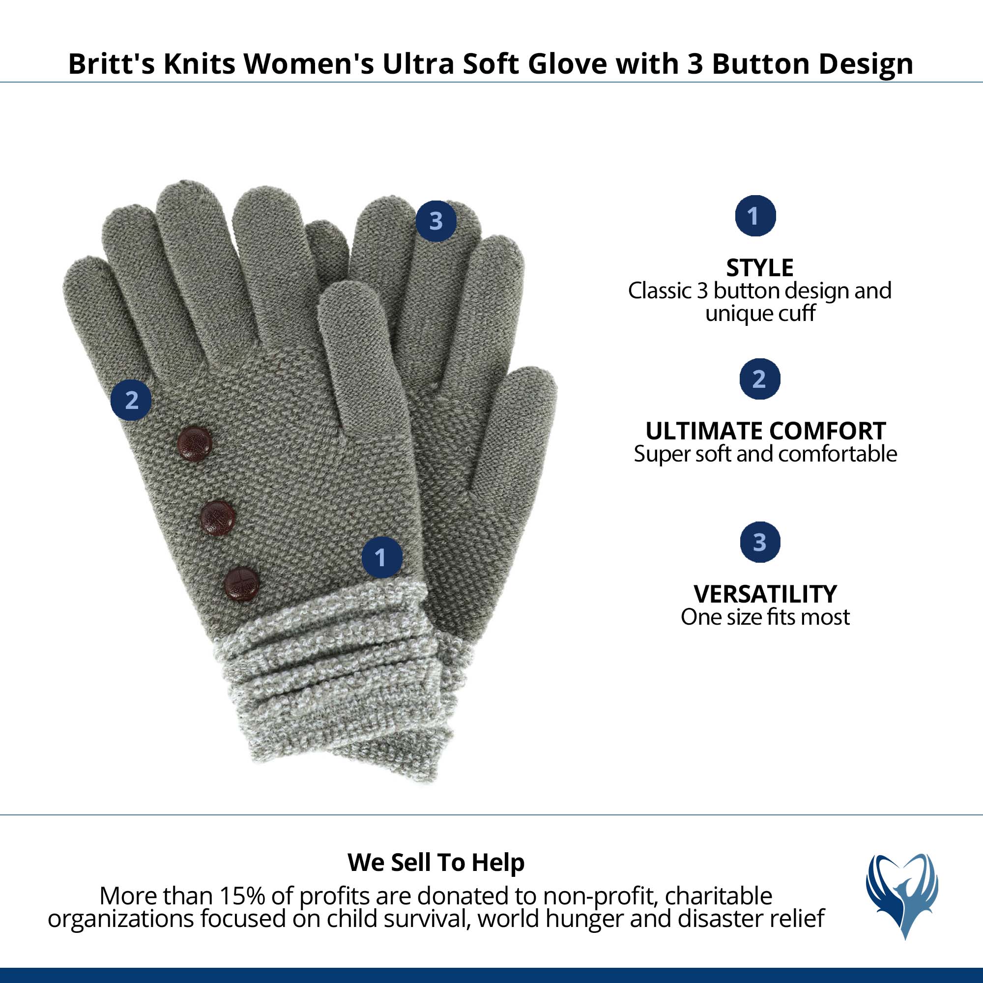 Britt's Knits Women's Ultra Soft Glove with 3 Button Design - Grey