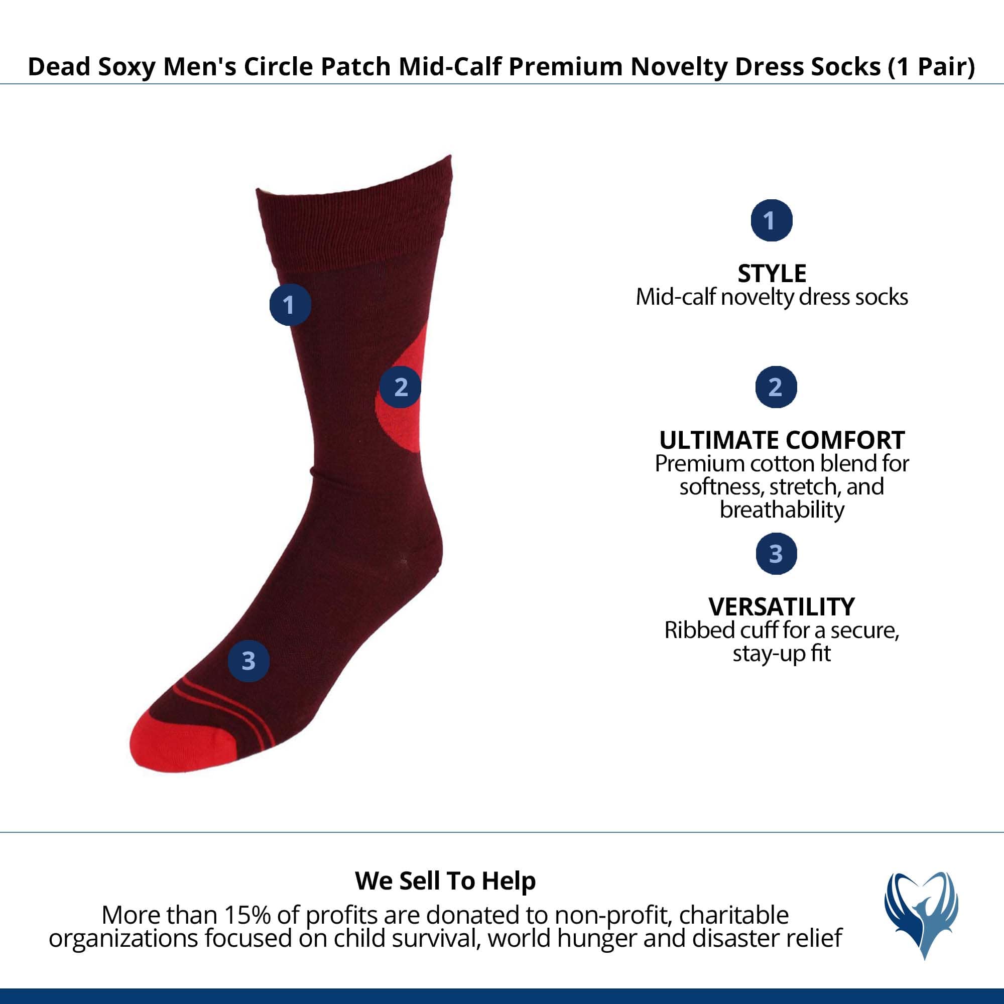 Dead Soxy Men's Circle Patch Mid-Calf Premium Novelty Dress Socks (1 Pair) - Maroon