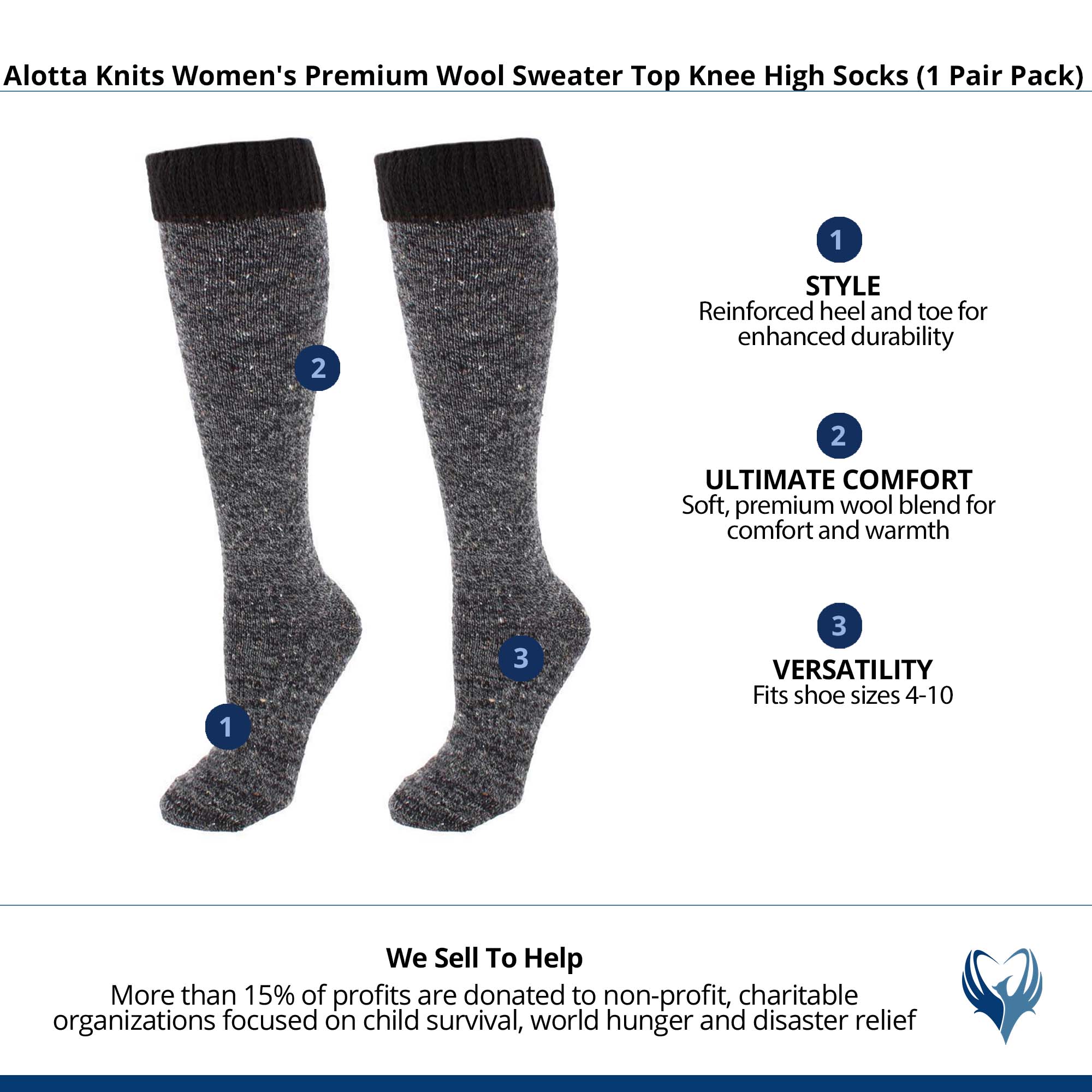 Alotta Knits Women's Premium Wool Sweater Top Knee High Socks (1 Pair Pack) - Black