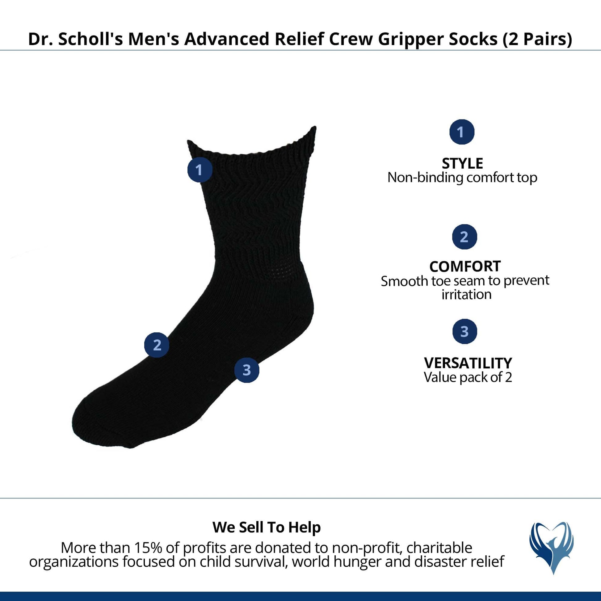 Dr. Scholl's Men's Advanced Relief Crew Gripper Socks (2 Pairs) - Black