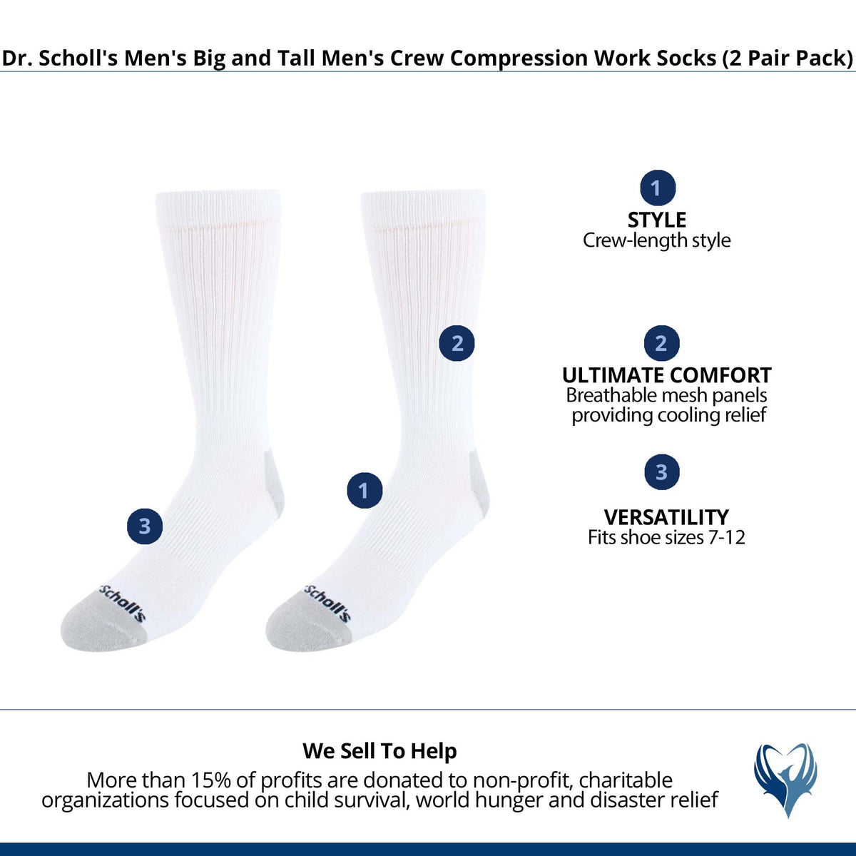 Dr. Scholl's Men's Big & Tall Men's Crew Compression Work Socks (Pack of 2) - White