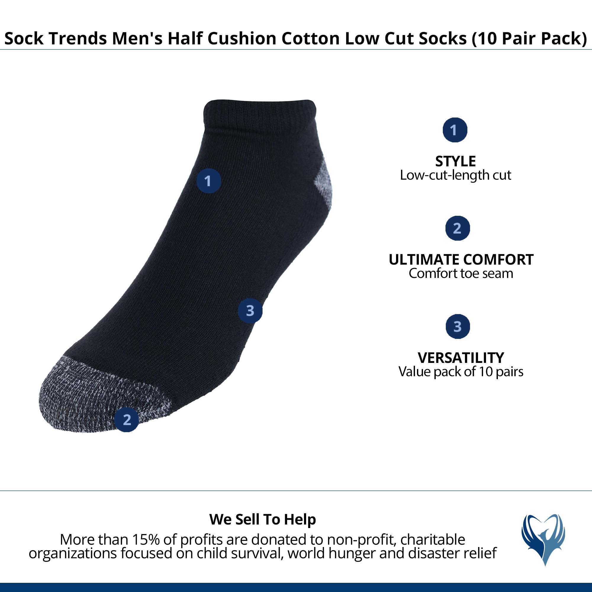 Sock Trends Men's Half Cushion Cotton Low Cut Socks (10 Pair Pack) - Black