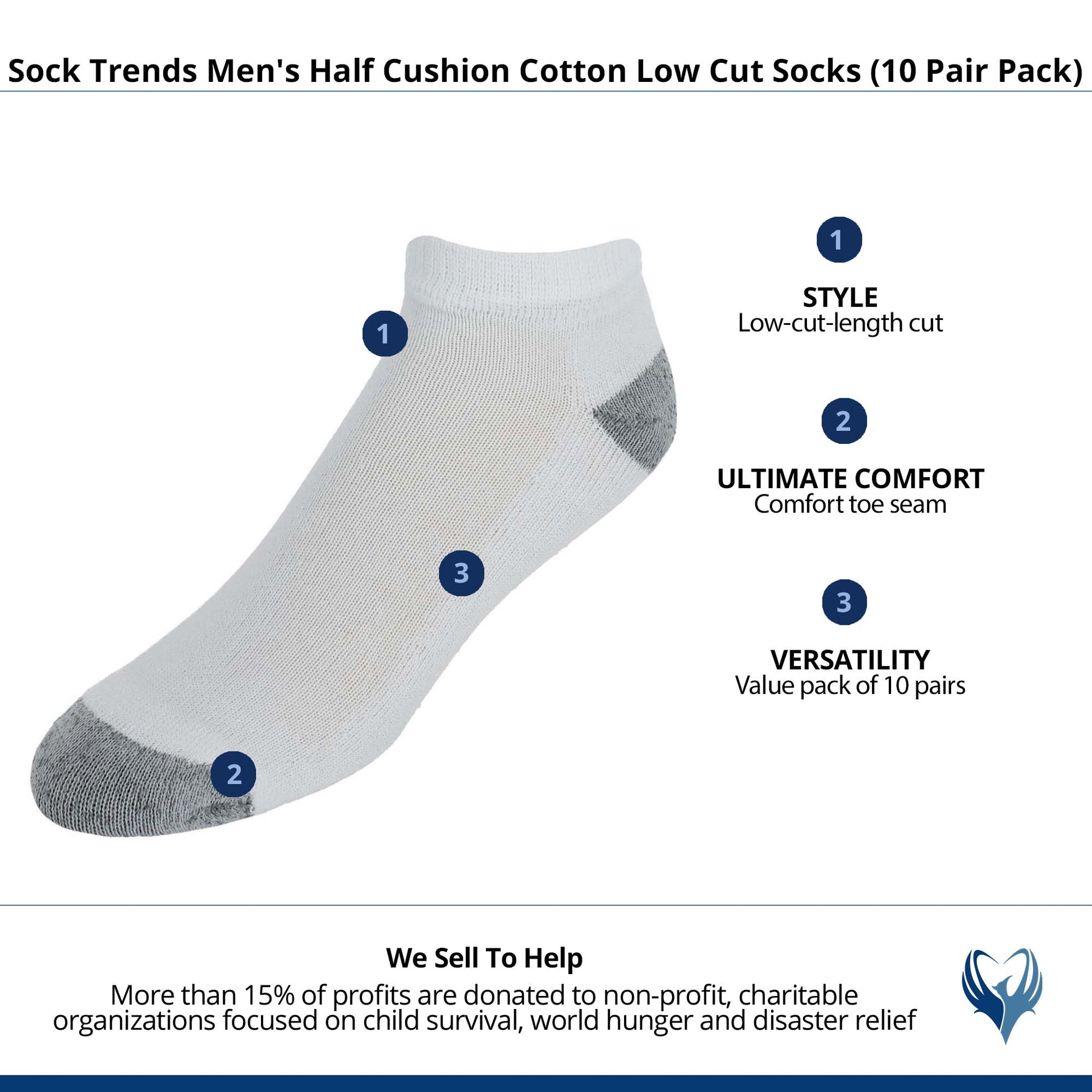Sock Trends Men's Half Cushion Cotton Low Cut Socks (10 Pair Pack) - White