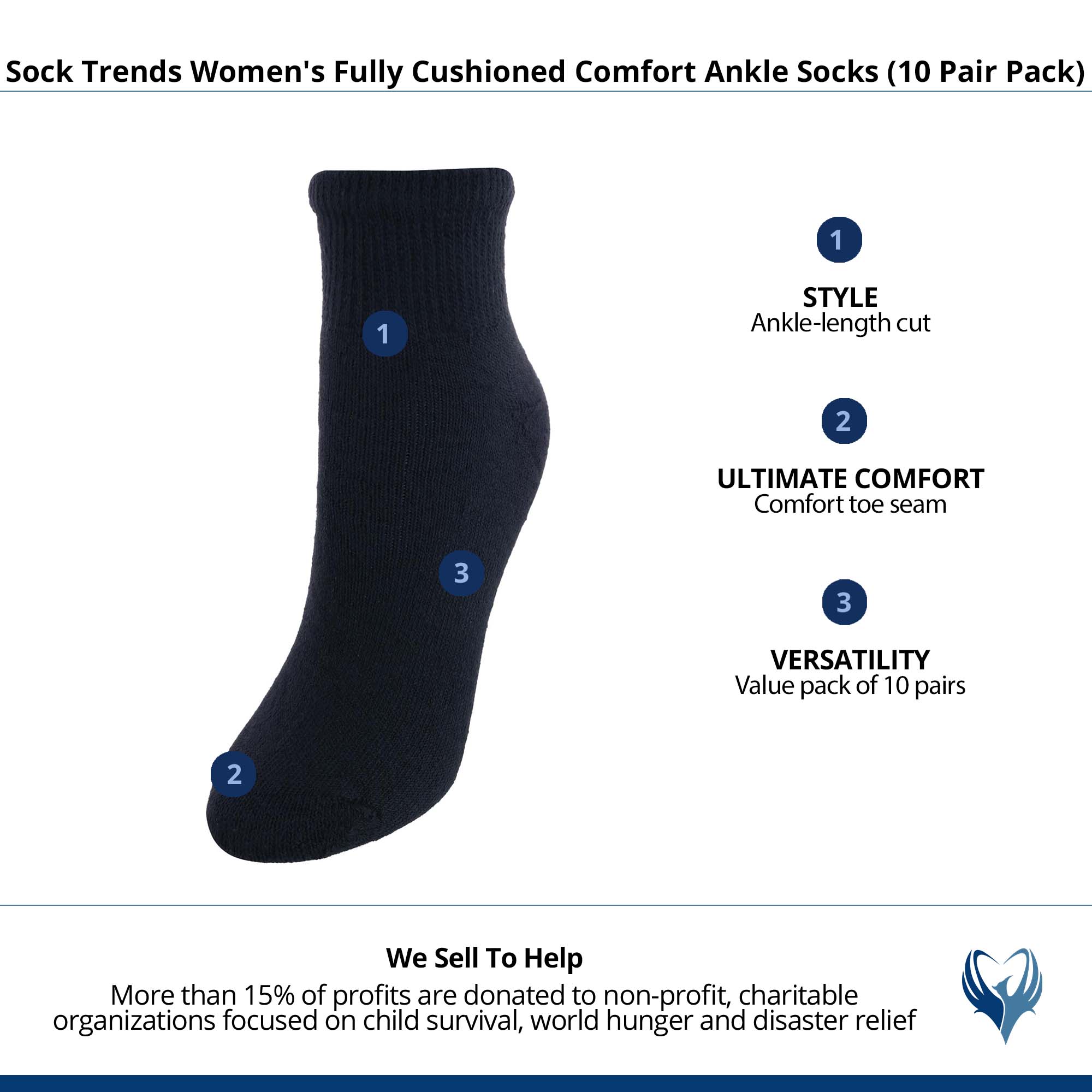 Sock Trends Women's Fully Cushioned Comfort Ankle Socks (10 Pair Pack) - Black