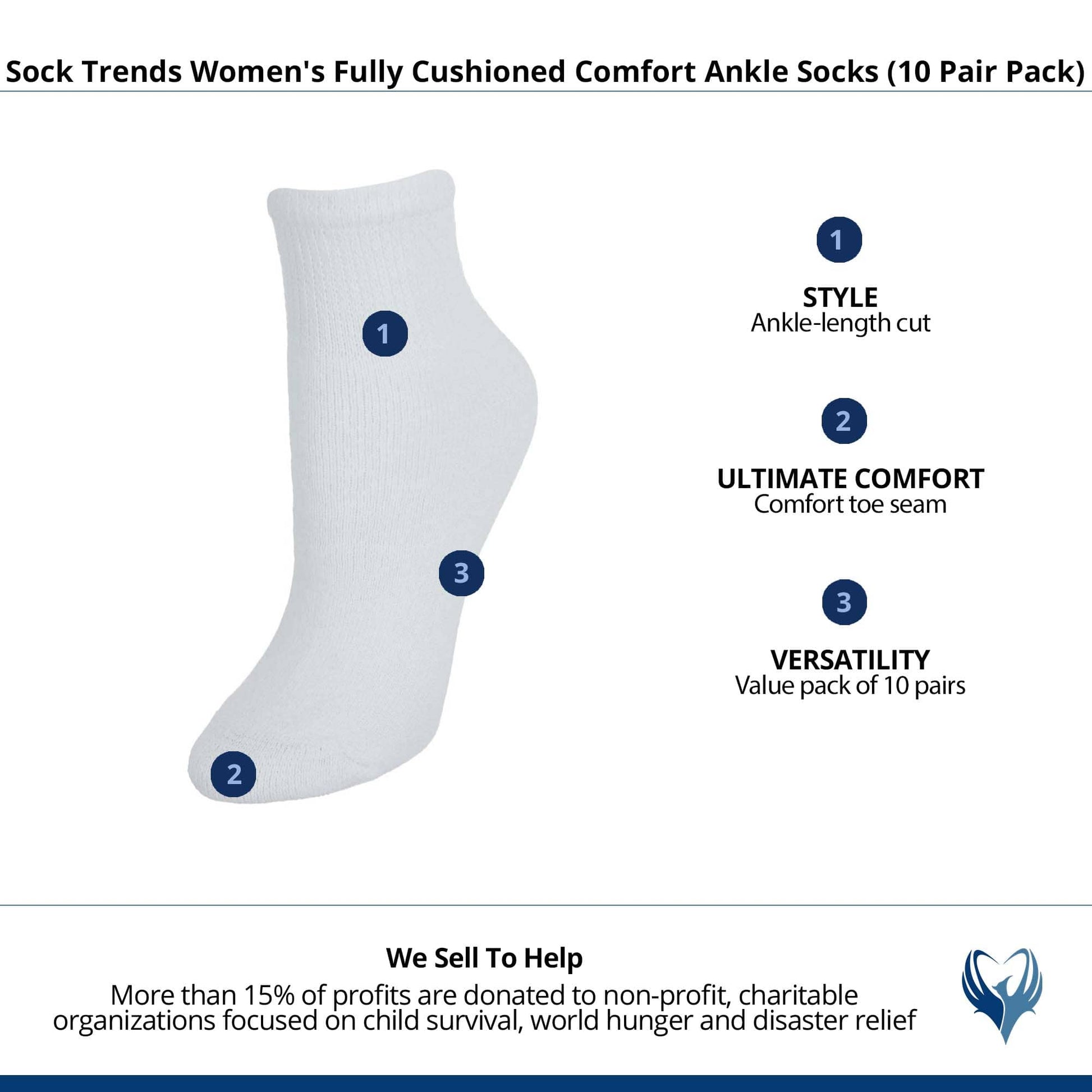 Sock Trends Women's Fully Cushioned Comfort Ankle Socks (10 Pair Pack) - White