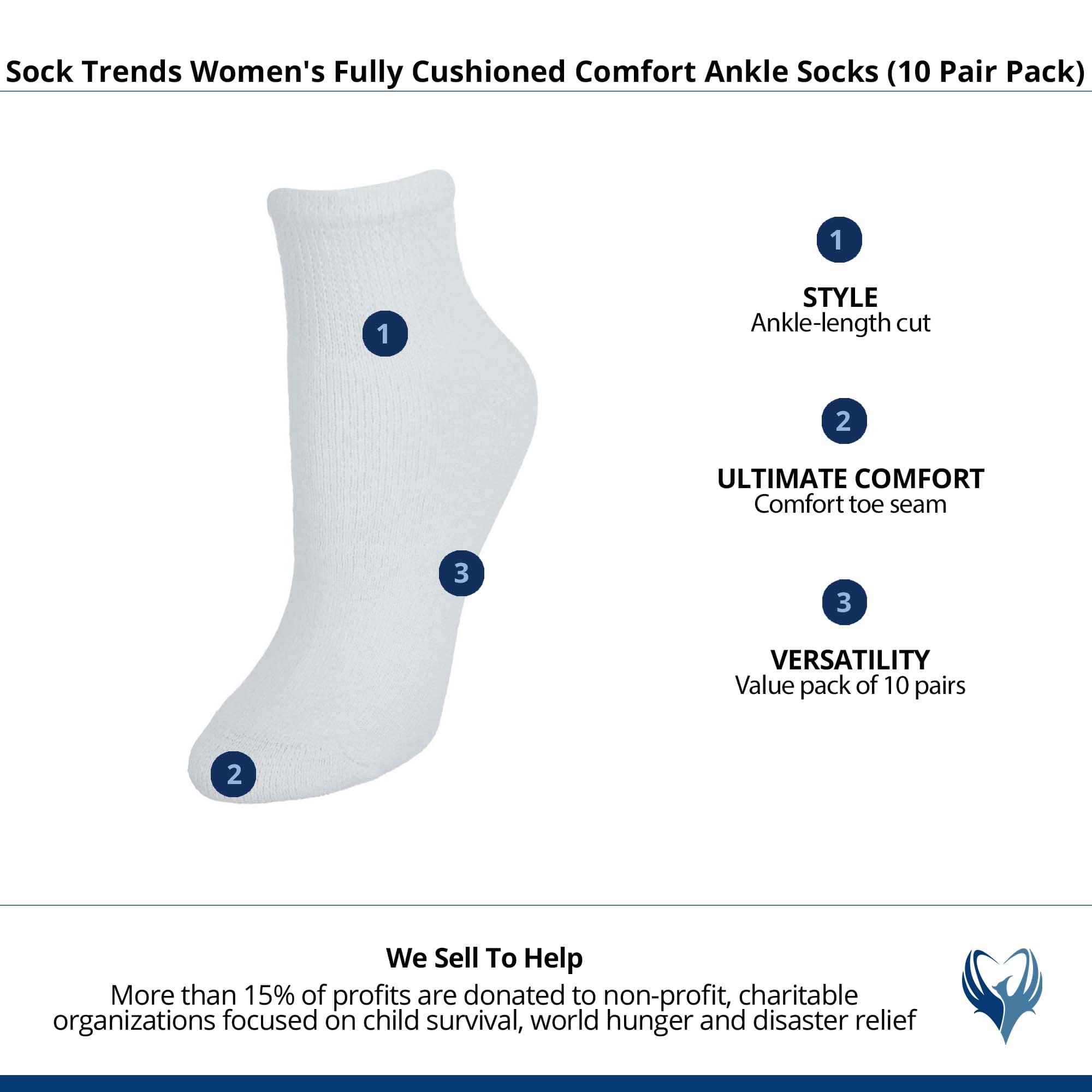 Sock Trends Women's Fully Cushioned Comfort Ankle Socks (10 Pair Pack) - White