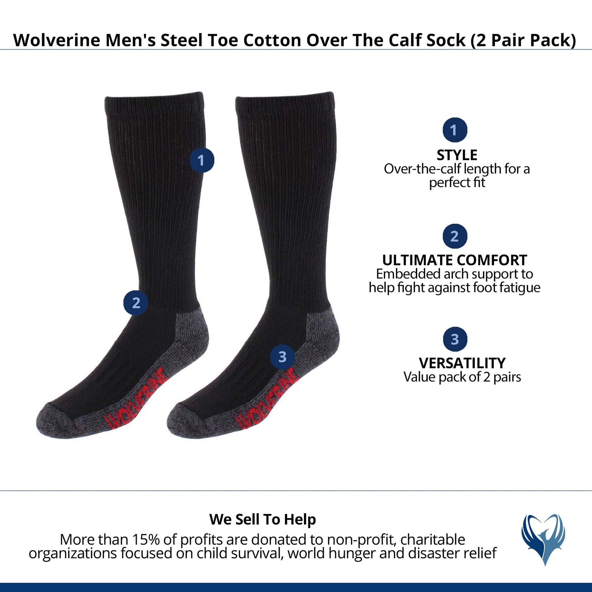 Wolverine Men's Steel Toe Cotton Over The Calf Sock (2 Pair Pack) - Black