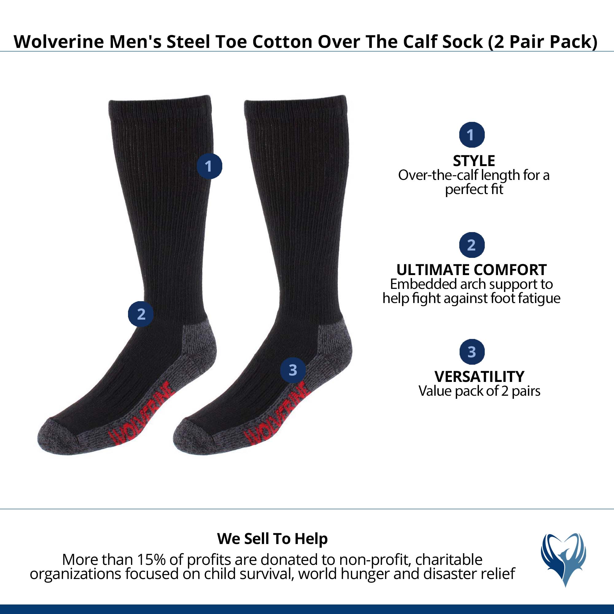 Wolverine Men's Steel Toe Cotton Over The Calf Sock (2 Pair Pack) - Black