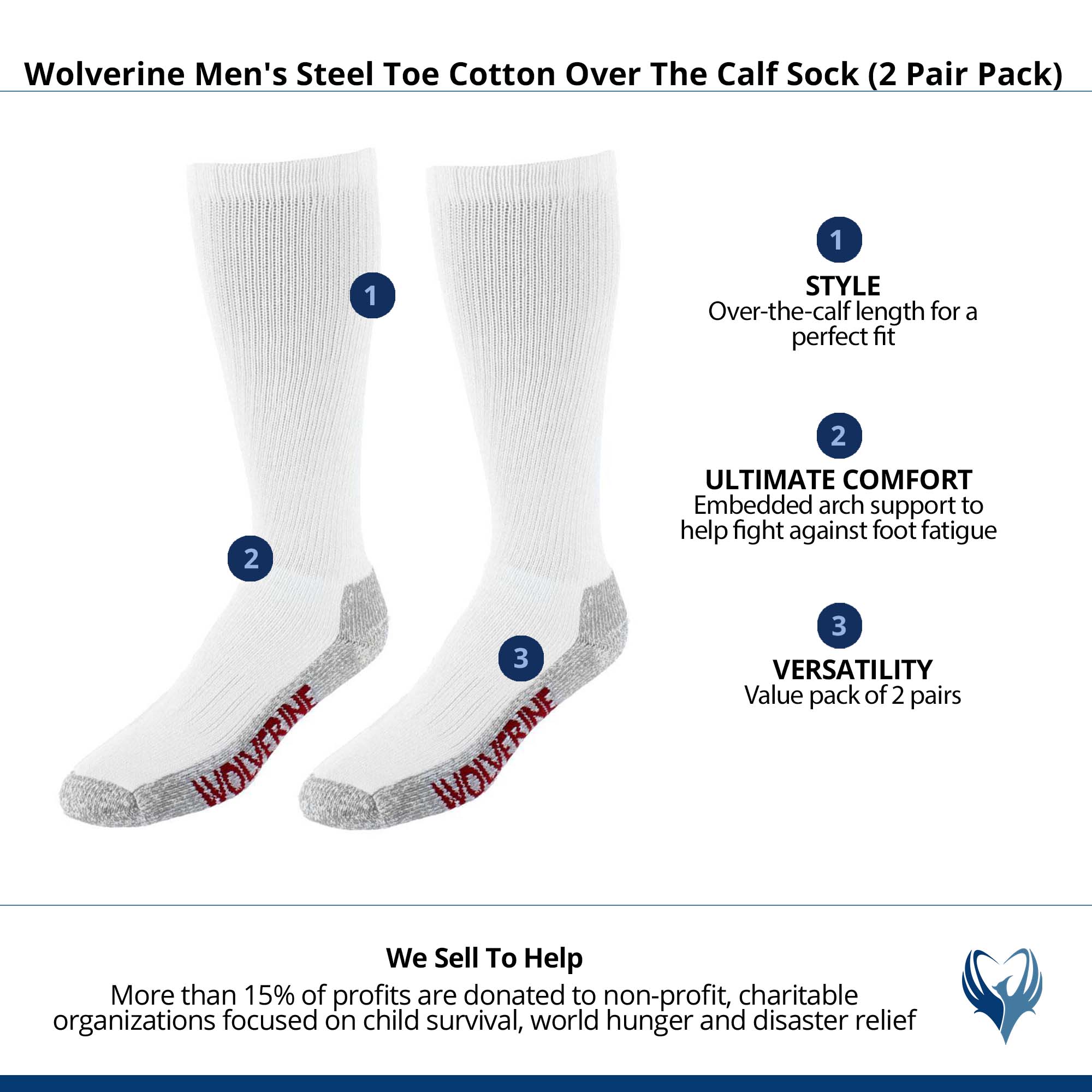 Wolverine Men's Steel Toe Cotton Over The Calf Sock (2 Pair Pack) - White