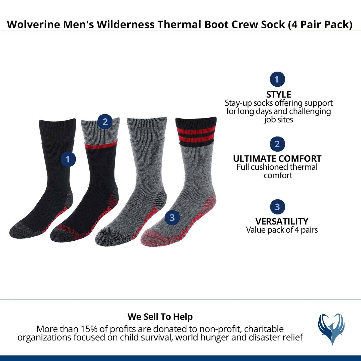 Wolverine Men's Wilderness Thermal Boot Crew Sock (4 Pair Pack) - Black Assorted