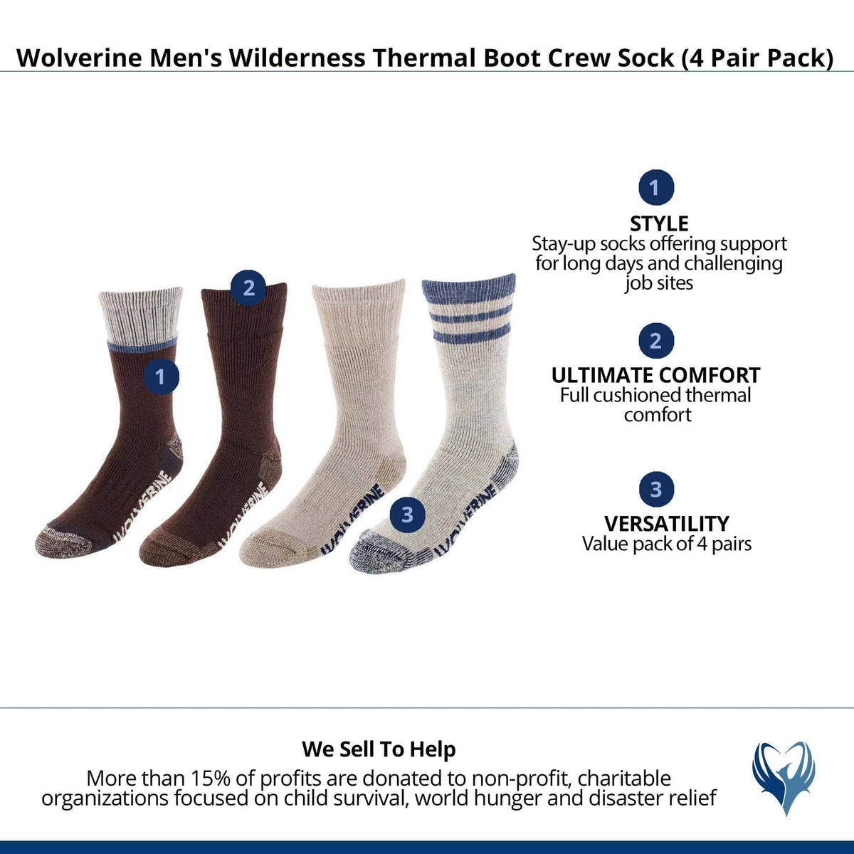 Wolverine Men's Wilderness Thermal Boot Crew Sock (4 Pair Pack) - Brown Assorted