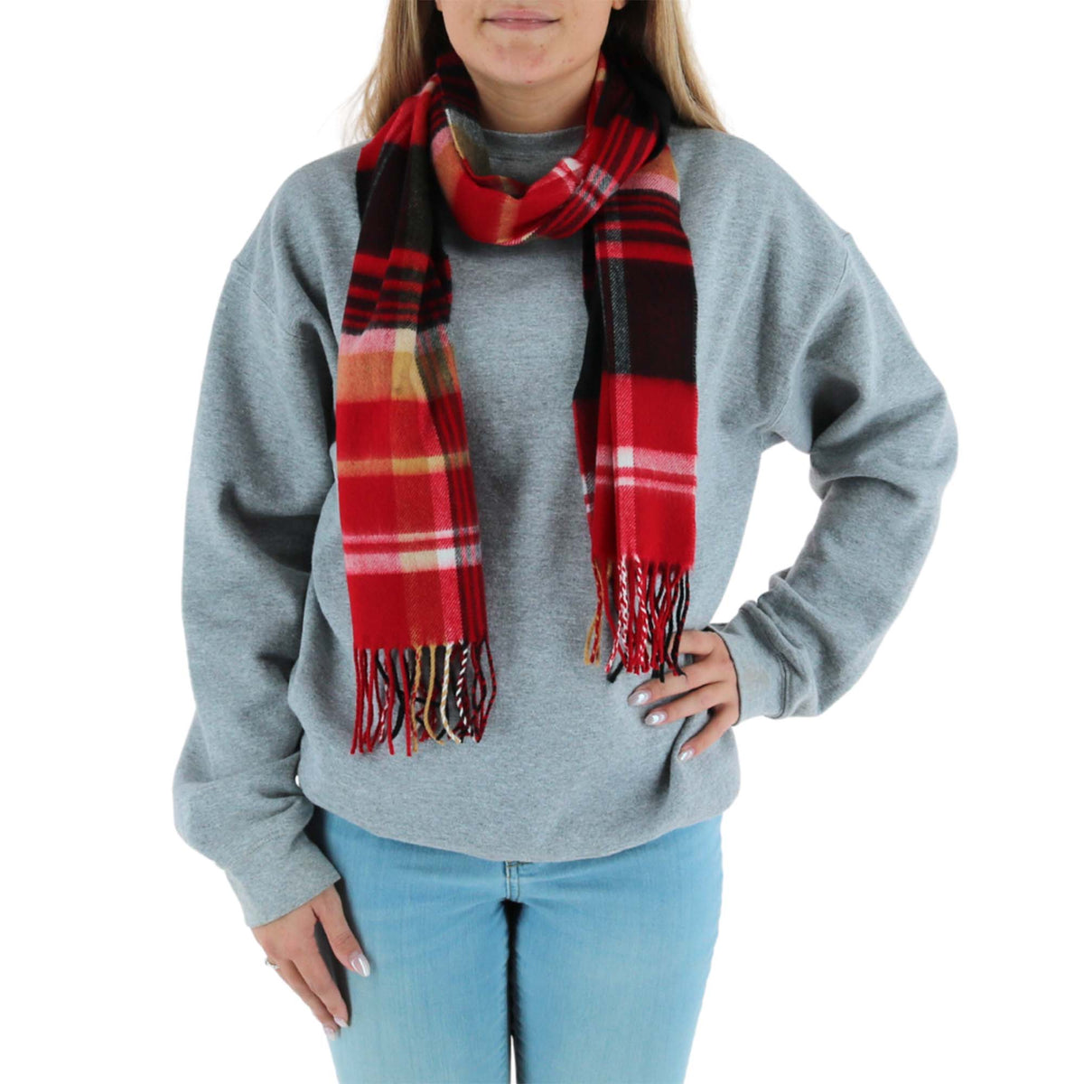 David & Young Soft Plaid Winter Scarf for Men & Women Cozy Fringe - Red and Black