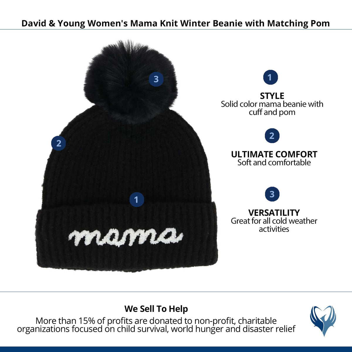 David & Young Women's Mama Knit Winter Beanie with Matching Pom - Black