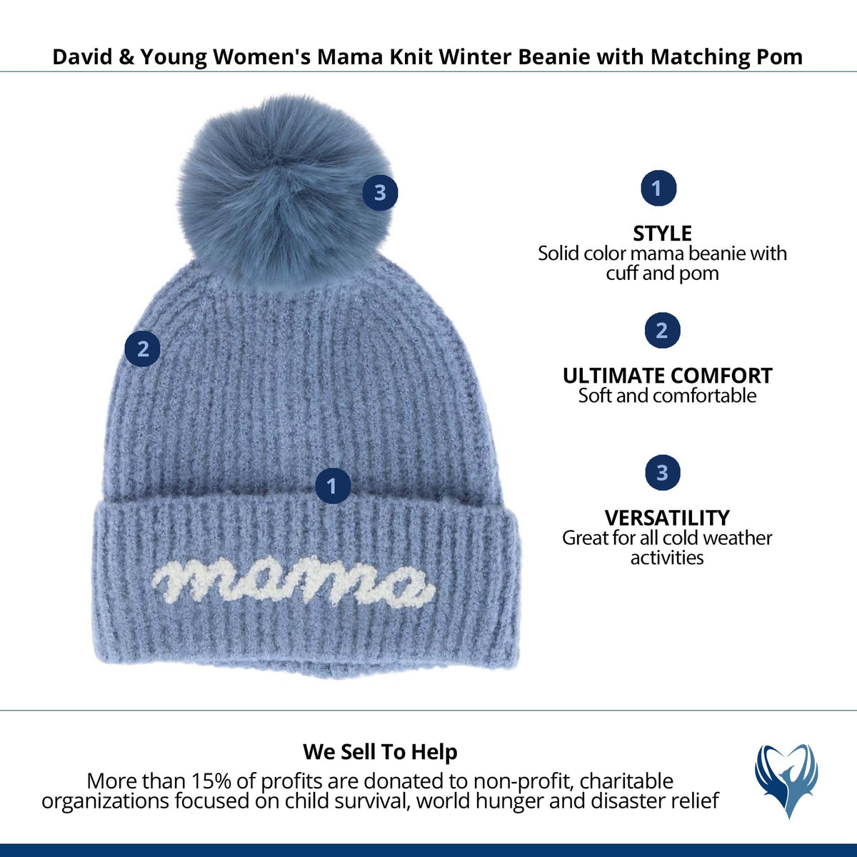 David & Young Women's Mama Knit Winter Beanie with Matching Pom - Denim Blue
