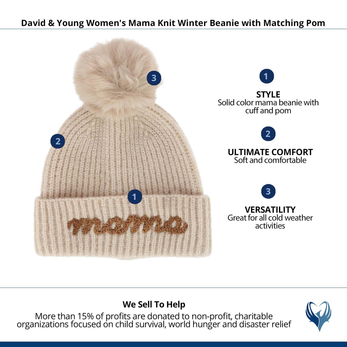 David & Young Women's Mama Knit Winter Beanie with Matching Pom - Oatmeal