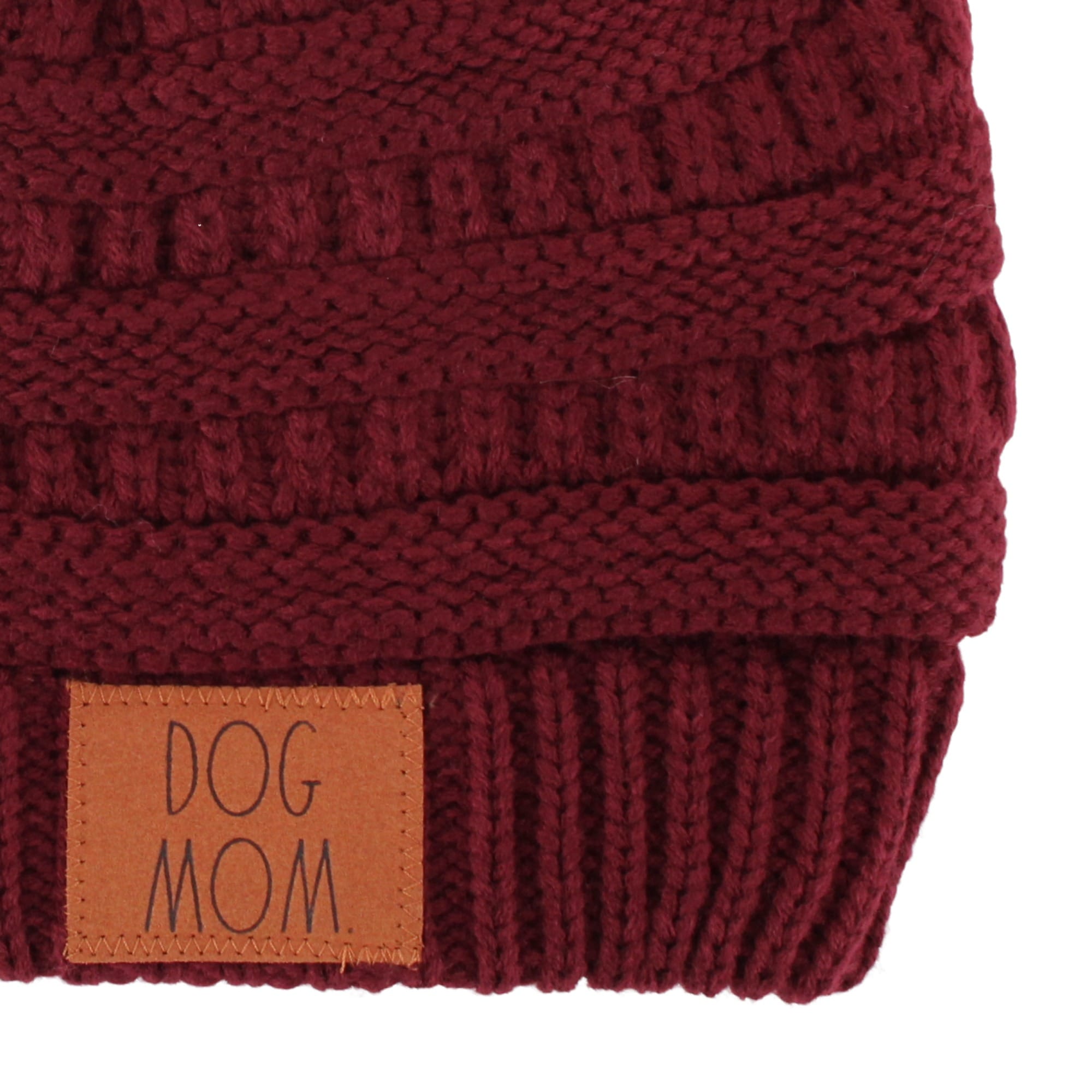 David & Young Women's Dog Mom Rib Knit Winter Beanie Pom Hat - Burgundy