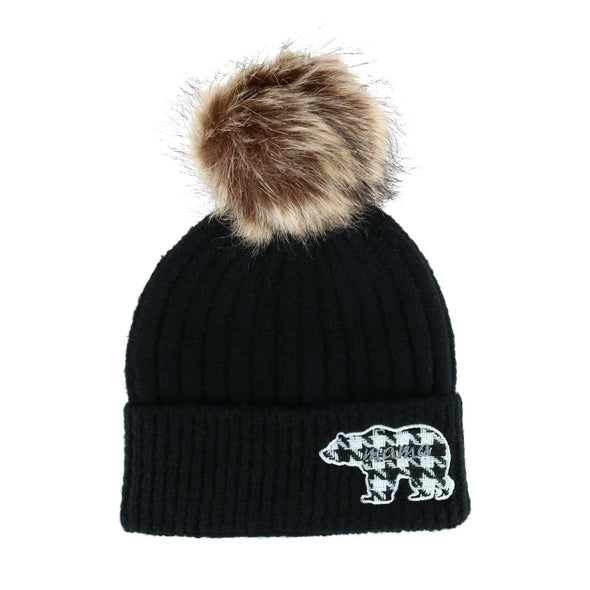 Women's Mama Bear Beanie Hat with Houndstooth Patch
