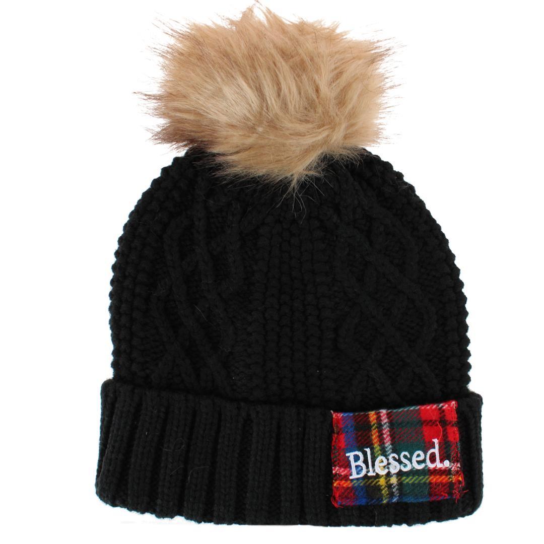 David & Young Women's Blessed Plaid Patch Knit Winter Beanie with Pom - Black