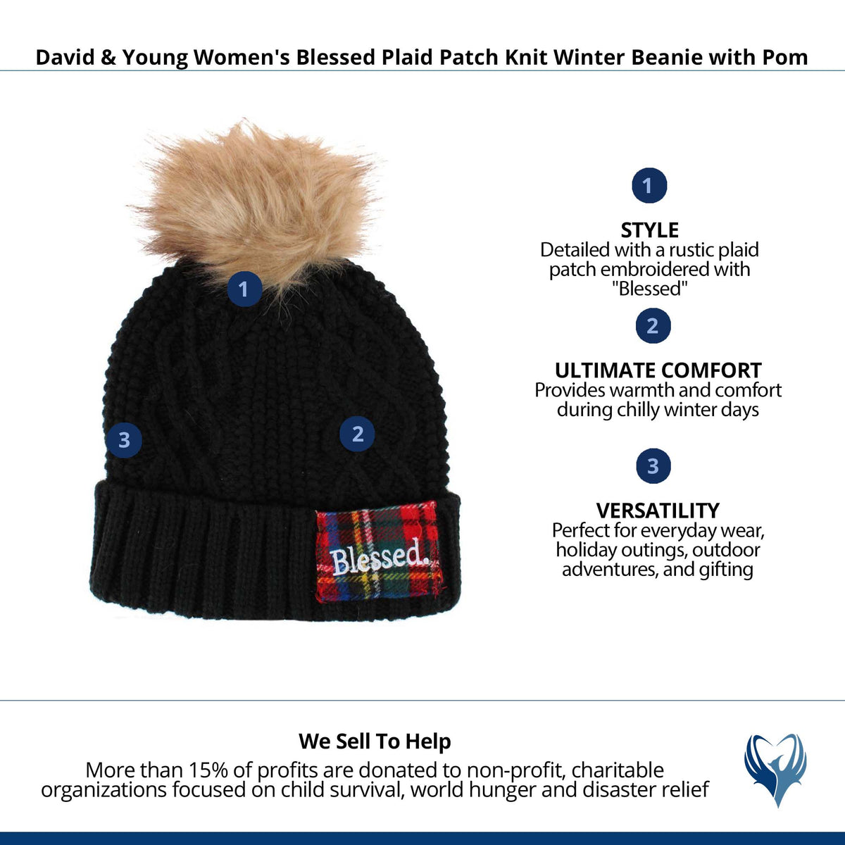 David & Young Women's Blessed Plaid Patch Knit Winter Beanie with Pom - Black
