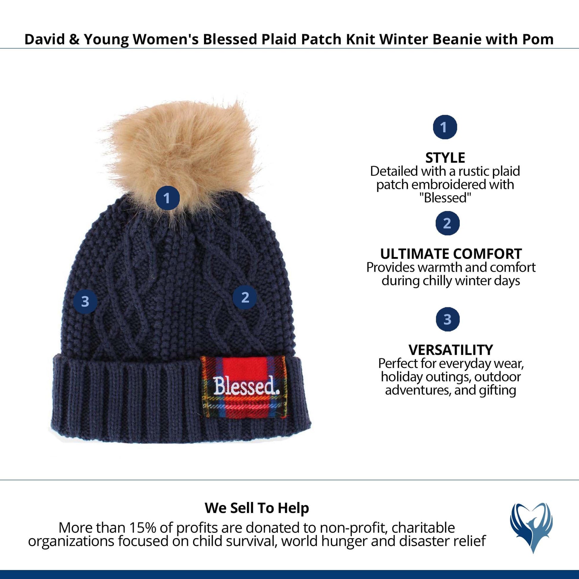 David & Young Women's Blessed Plaid Patch Knit Winter Beanie with Pom - Navy